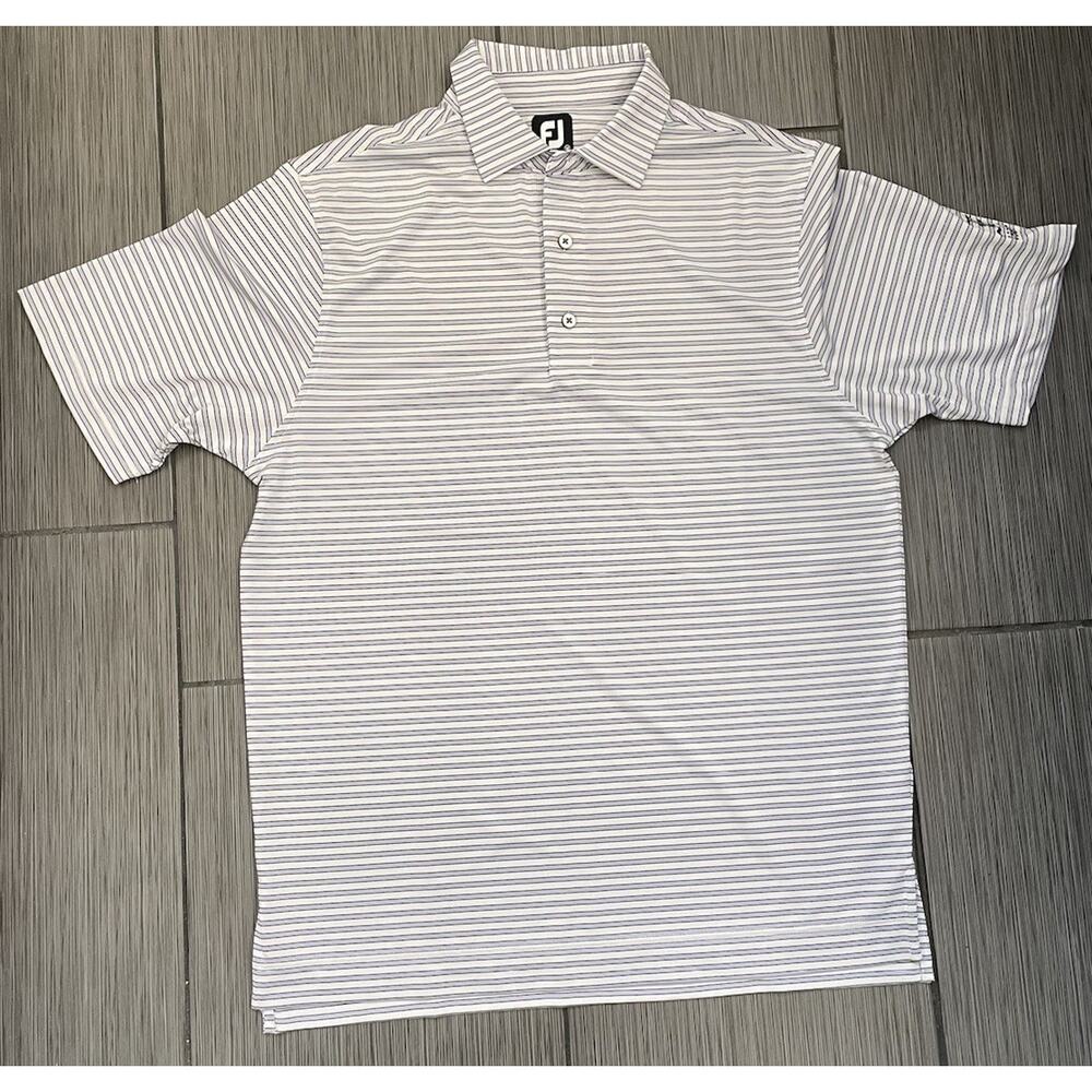 Footjoy Golf Polo Shirt M Purple White Striped Performance Preppy Short Sleeve